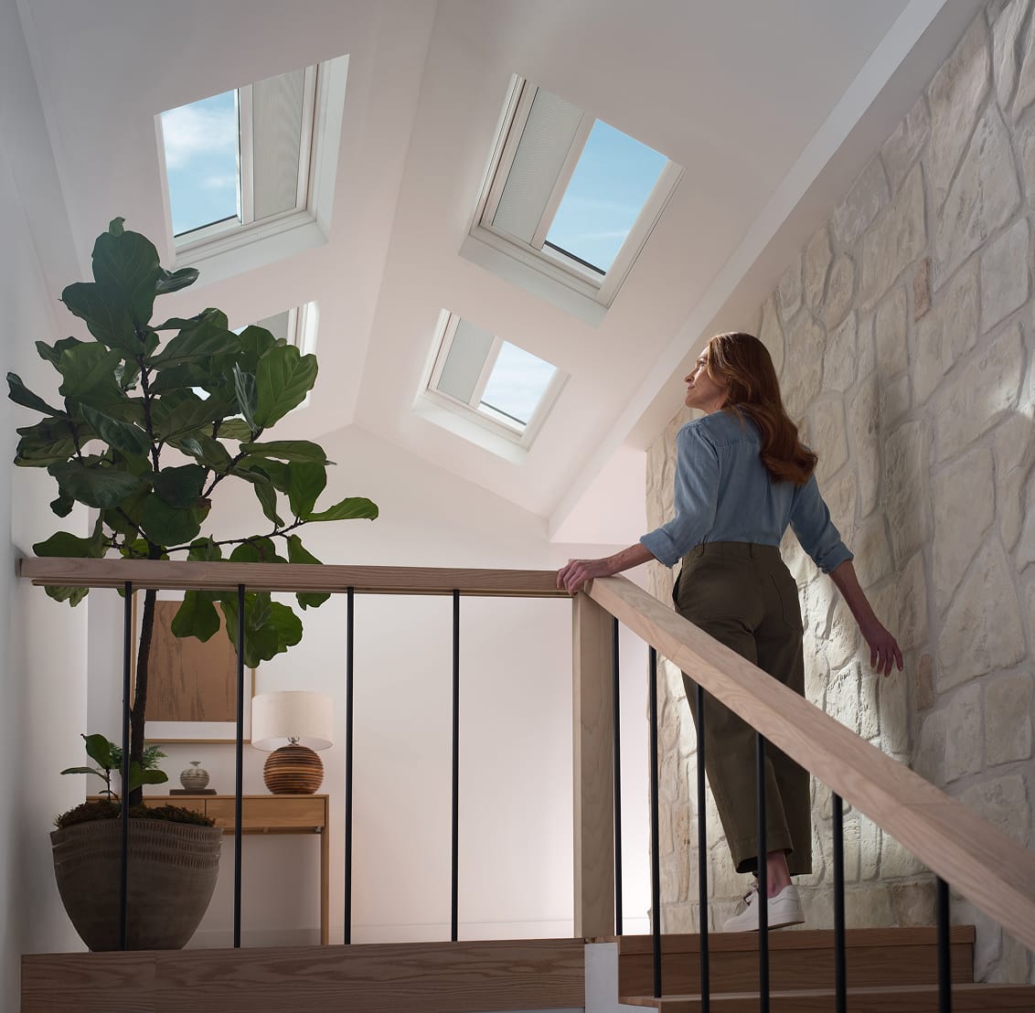 Person on stairs looking at skylights
