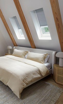 VELUX pre-installed skylight shades in over 60 colors — room-darkening and light-filtering options for all Skylight System types