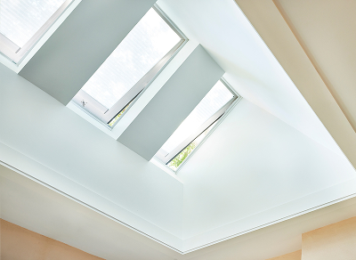 VELUX Fresh Air Skylight Systems — open venting skylights in kitchen