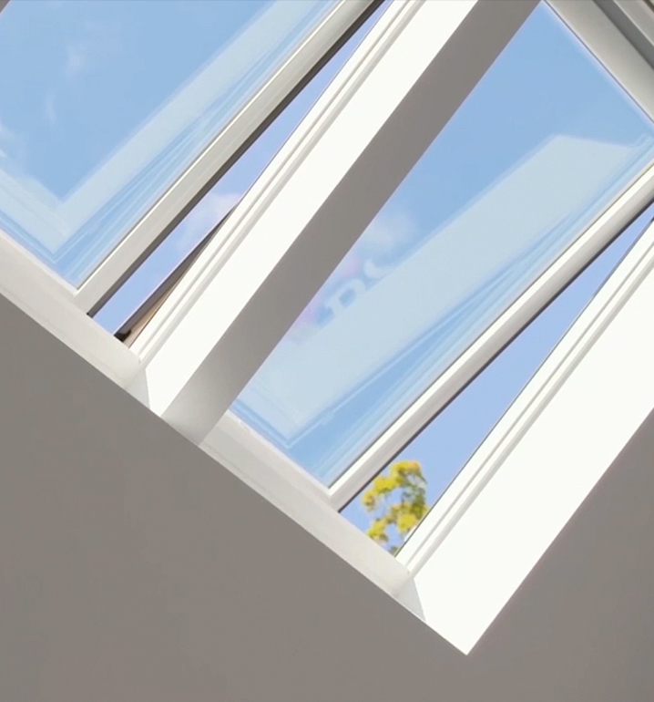 VELUX Skylight System open interior view — fresh air and natural light entering through ceiling skylight