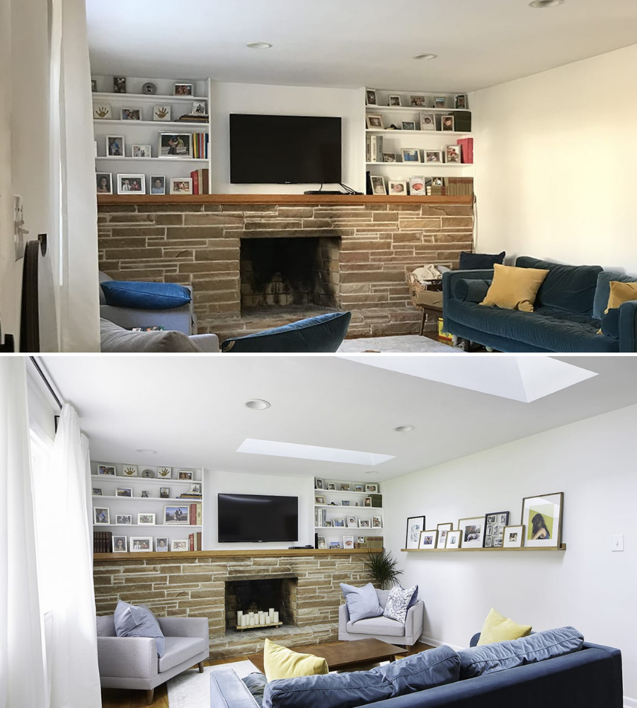 Before and after the skylight installation in the Gorczynski’s living room. The before image shows a more dimly living room with a brick fireplace, white walls, and dark-colored furniture. The after image shows a brighter living room with two skylights installed over the space.